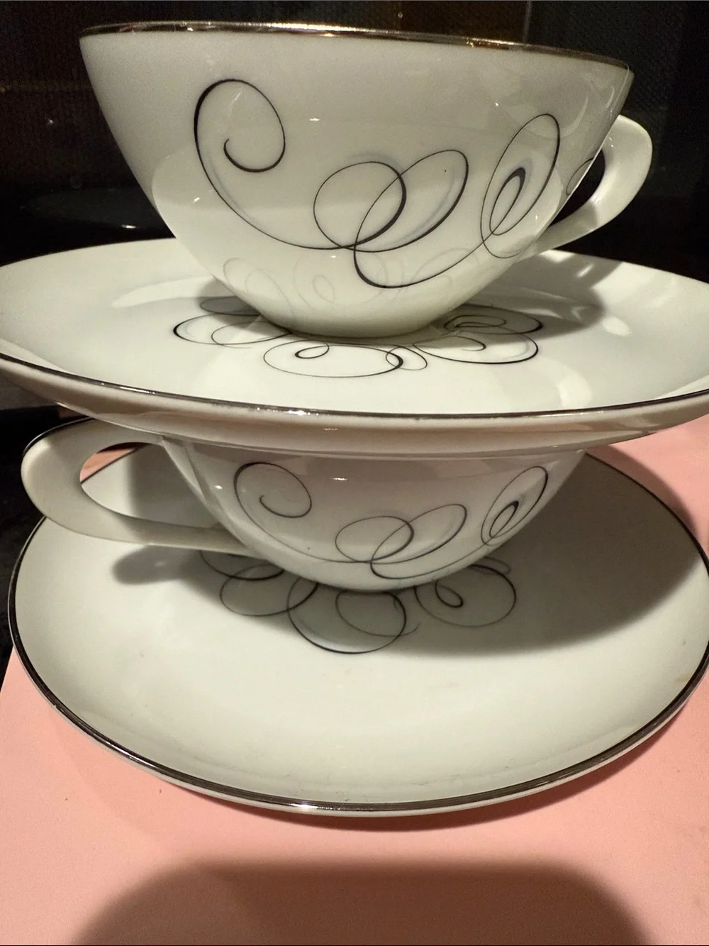 Style House Fine China Teacup and Saucer Set with Silver Scroll Accent- set of 6